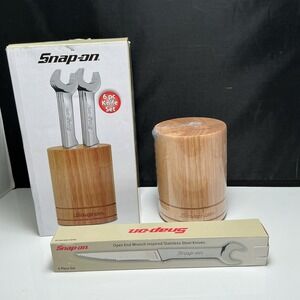 Snap-on 6 Pc Open End Wrench Handle Steak Knife Set Wood Block Stainless NIB